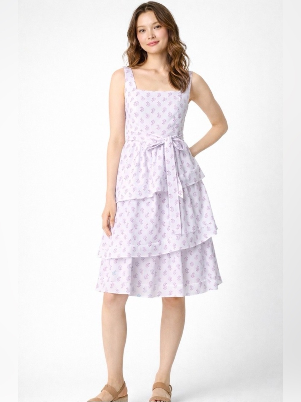 J.Crew White & Purple Floral Tiered Smocked Cotton Midi Dress Size 2 Cottagecore